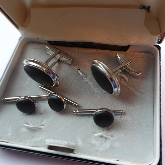 Black Silver Formal Tuxedo Cufflinks Studs - Picture 1 of 3